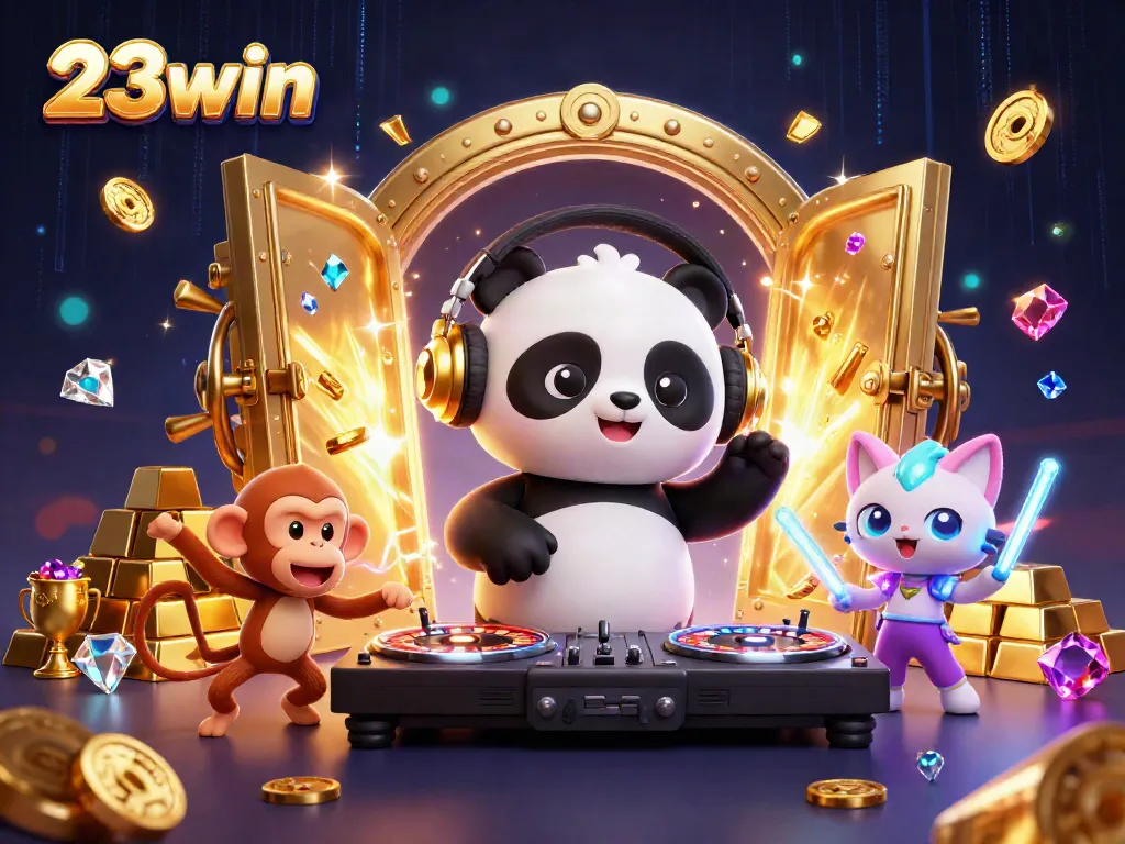 Engage with 23win's captivating casino vibe featuring a DJ panda and vibrant characters.