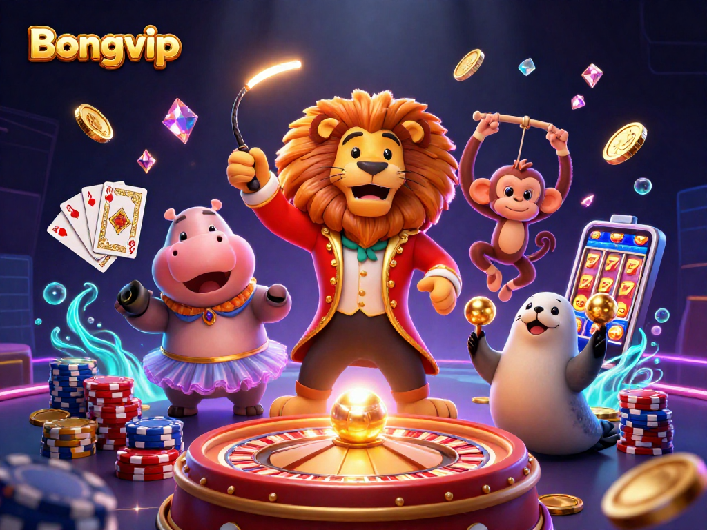 Bongvip offers thrilling gaming with a vibrant scene of a cartoon circus featuring elephants, cards, and roulette.