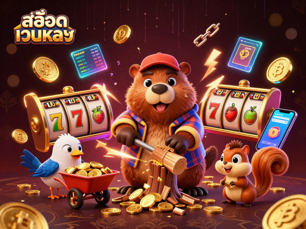 Experience thrilling สล็อตเว็บตรง casino action with a 3D beaver, coins, and slot elements in a vibrant scene.