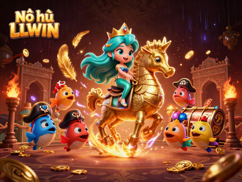 Nổ hũ LLWIN showcases an immersive scene with a mermaid princess, a giant seahorse, and a jubilant environment filled with gold coins and jackpot elements.