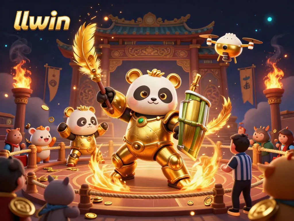 Experience thrilling action in llwin's vibrant gambling arena with golden panda and robot.