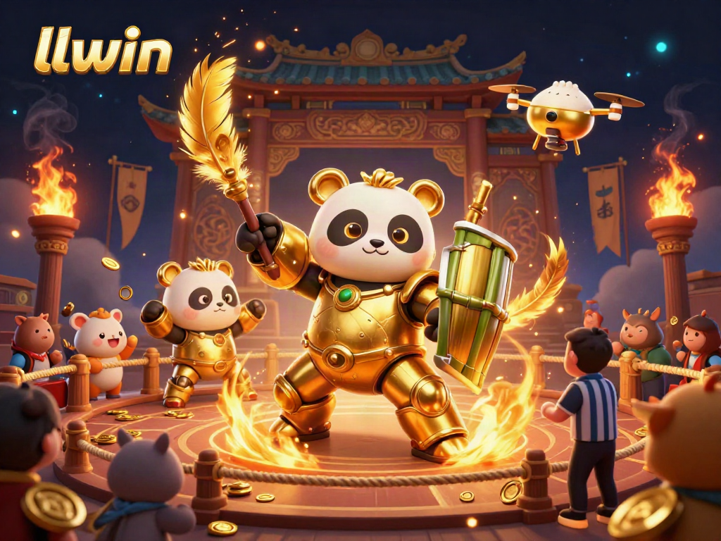 Experience thrilling action in llwin's vibrant gambling arena with golden panda and robot.