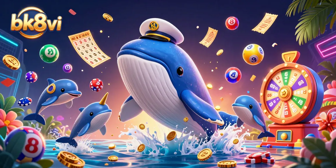 Engage in thrilling gaming at bk8vi with a vibrant 3D scene of a whale, narwhal, and dolphins surrounded by lottery elements.