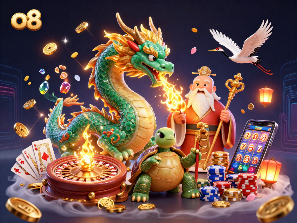 Experience the magical allure of o8 with a majestic jade dragon and lucky symbols of fortune.