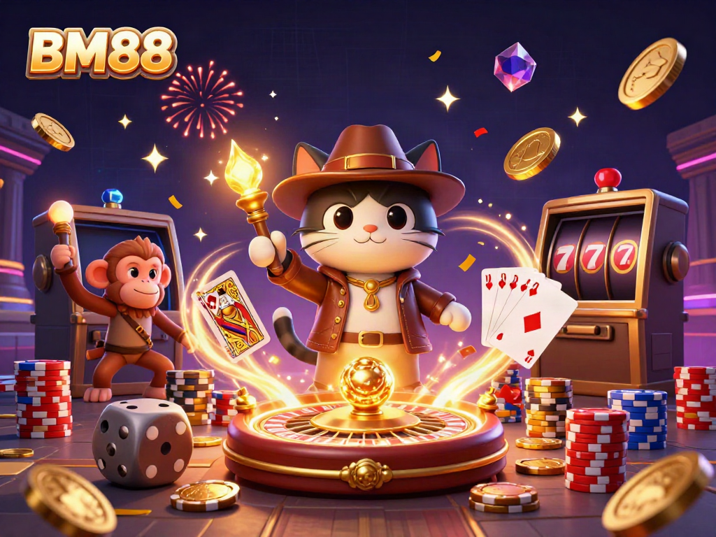 Experience the excitement of BM88 with a dynamic casino-themed adventure featuring vivid illustrations.