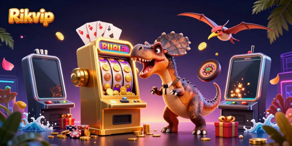 Catch jackpots at Rikvip with vibrant casino-themed 3D illustration featuring exciting gaming action.