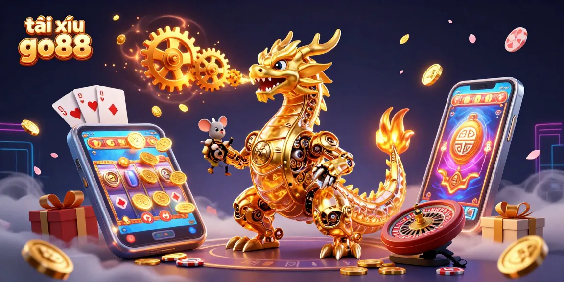Tài xỉu go88 showcases an exciting 3D casino scene filled with colorful slot games and rich gaming elements.