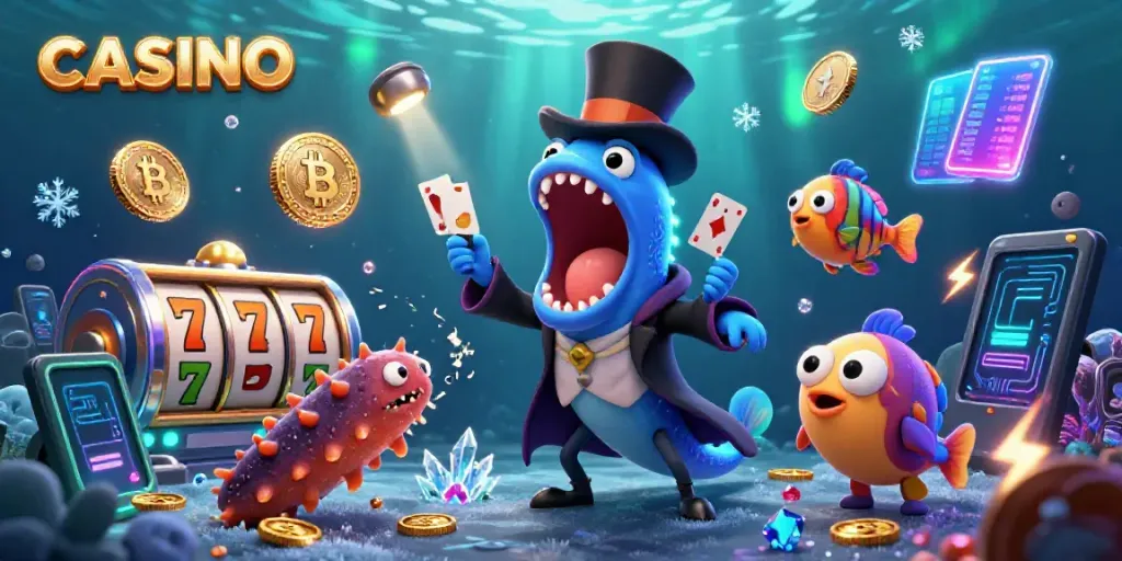 Experience a vibrant CASINO magic act underwater with glowing coins and characters.