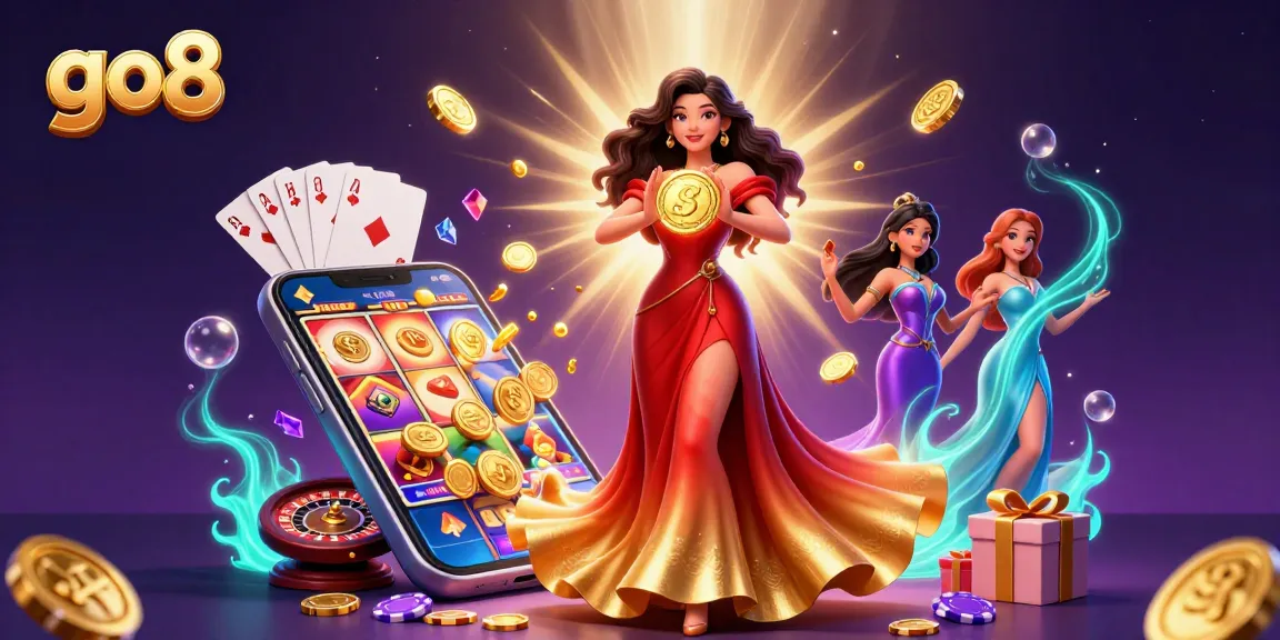 Experience thrilling gameplay with go8 as a stunning Asian woman holds a golden coin amidst a vibrant casino scene.