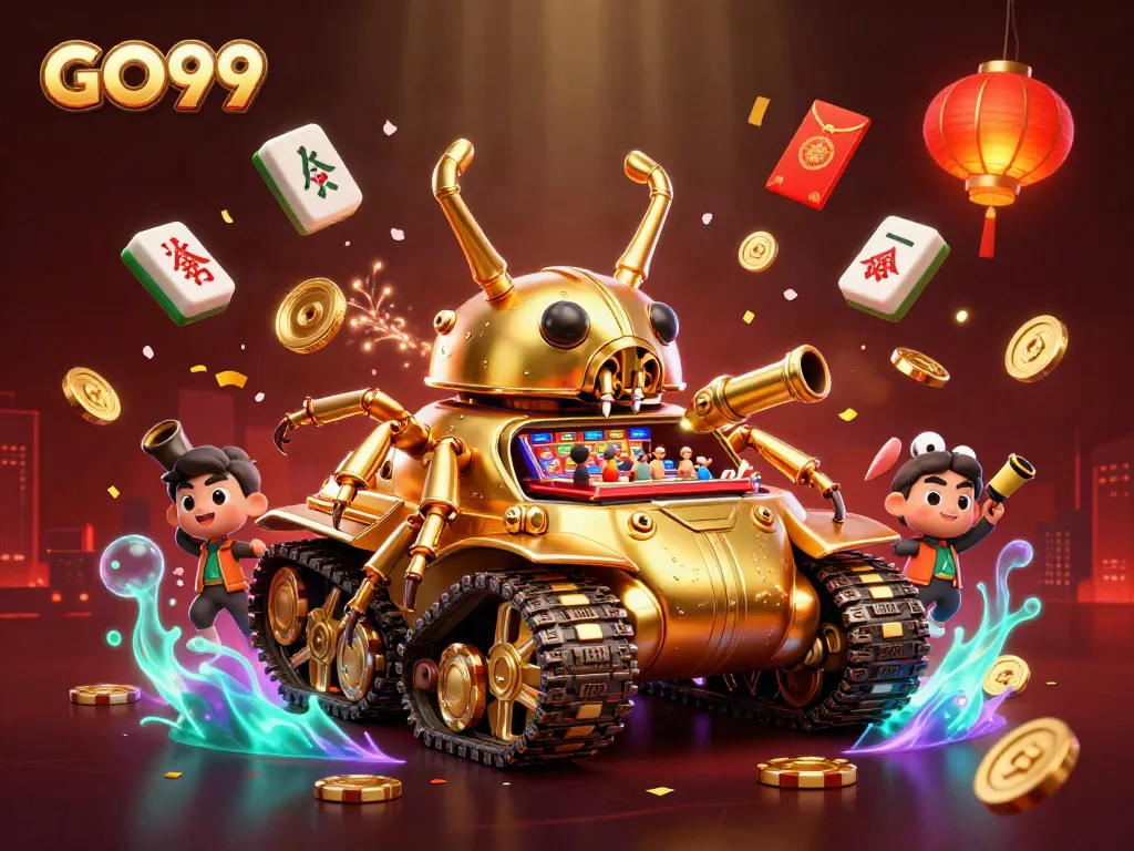 Engage with GO99's thrilling casino adventure in a rich 3D scene featuring vibrant gaming elements.