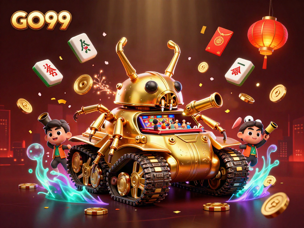 Engage with GO99's thrilling casino adventure in a rich 3D scene featuring vibrant gaming elements.