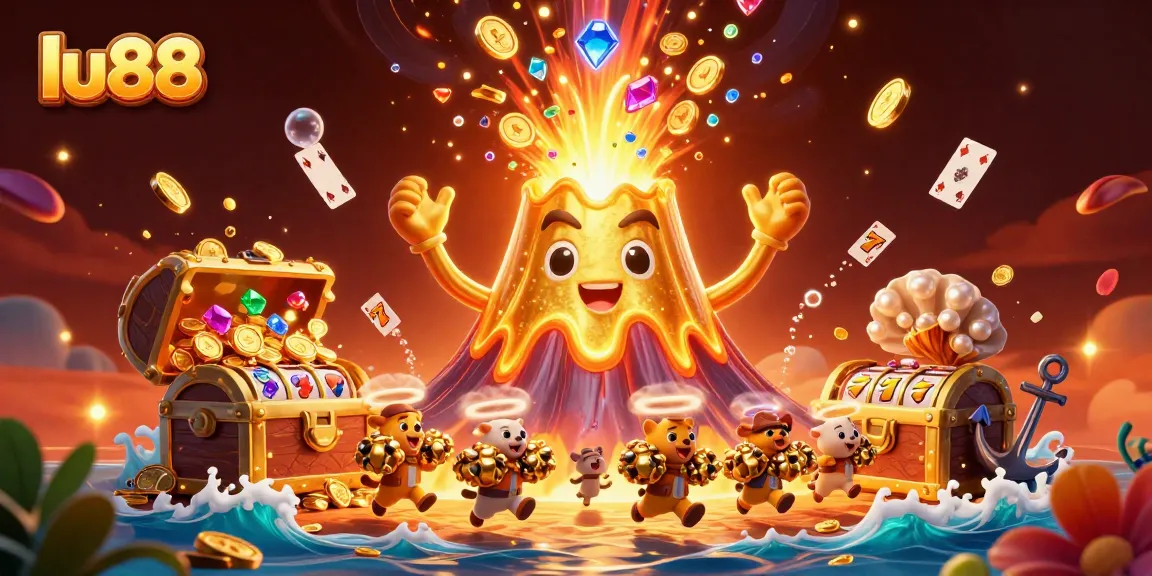 lu88 casino vibrant scene with golden volcano, treasure, and dynamic slot elements