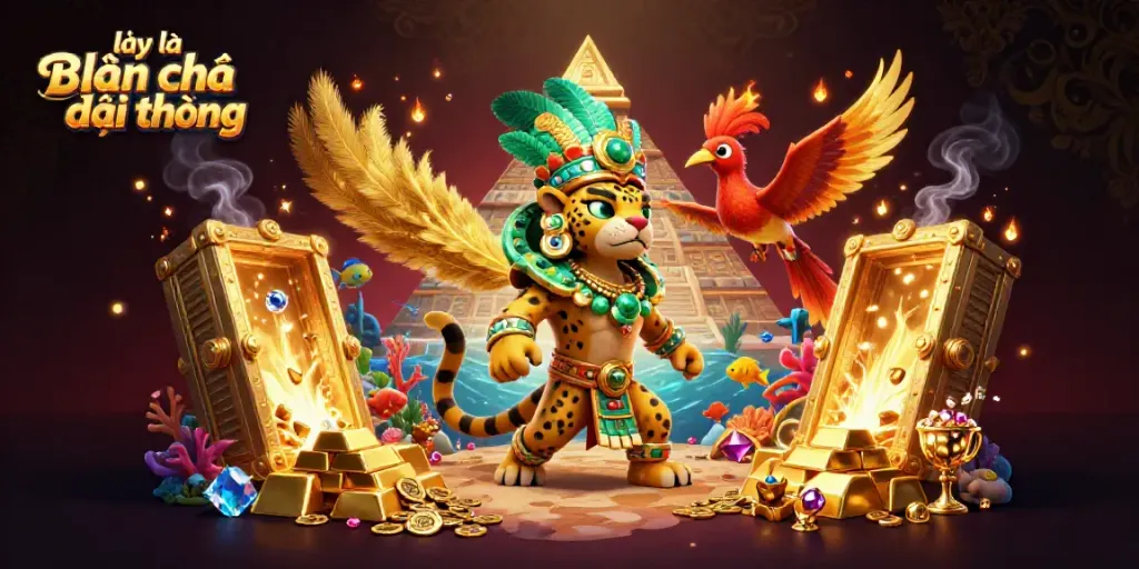 Capture the excitement of lại là Bắn cá đổi thưởng with an underwater scene showcasing vibrant characters and treasures.