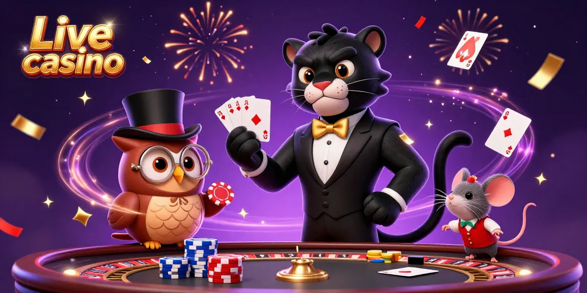 Engage in the Live casino experience with a stylish panther dealer, owl, and mouse amidst vibrant casino elements.