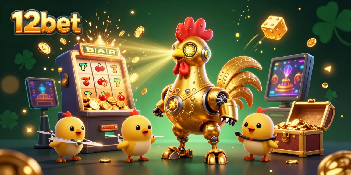Engage with 12bet's vibrant gaming scene featuring a golden rooster robot and lively elements.