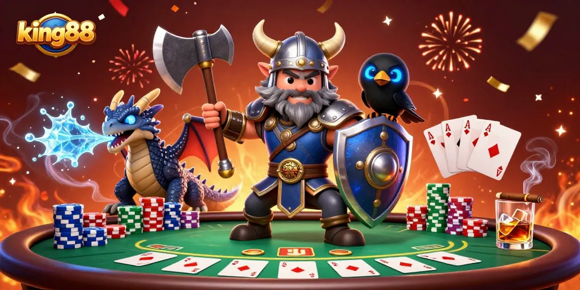 Engage with king88 in a thrilling poker scene featuring dynamic characters and festive decor.