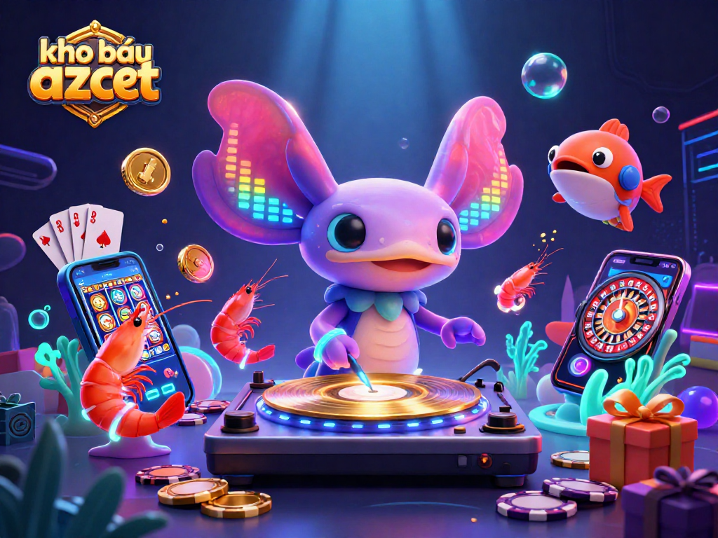 Experience the action with kho báu aztec as a vibrant axolotl DJ spins golden records amid glowing casino elements.