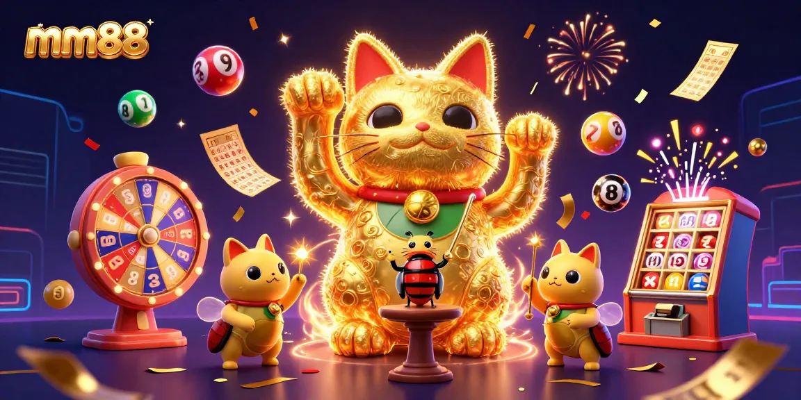 Experience the excitement of mm88 with a dynamic scene of a lucky cat, colorful lottery balls, and casino symbols.