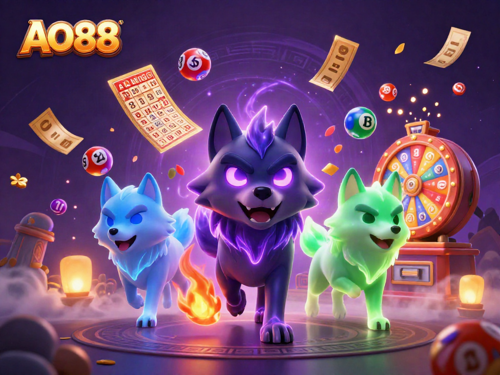 Engage with AO88's exciting gambling scene featuring ghostly wolves and colorful lottery elements.