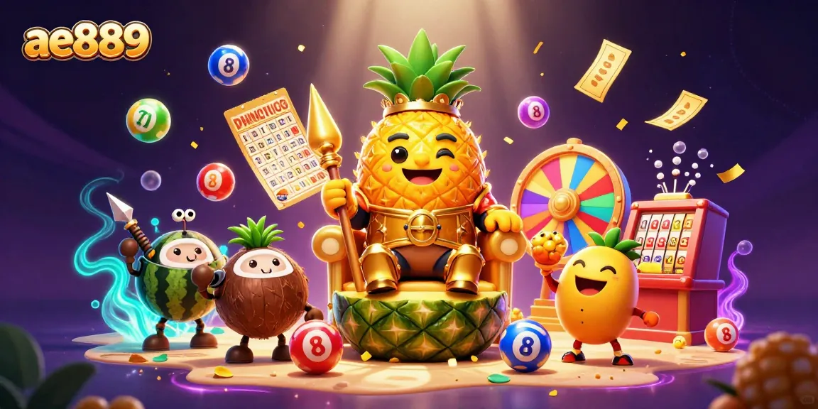 Experience the vibrant casino world of ae889 with the golden pineapple king and lively game elements surrounding him.