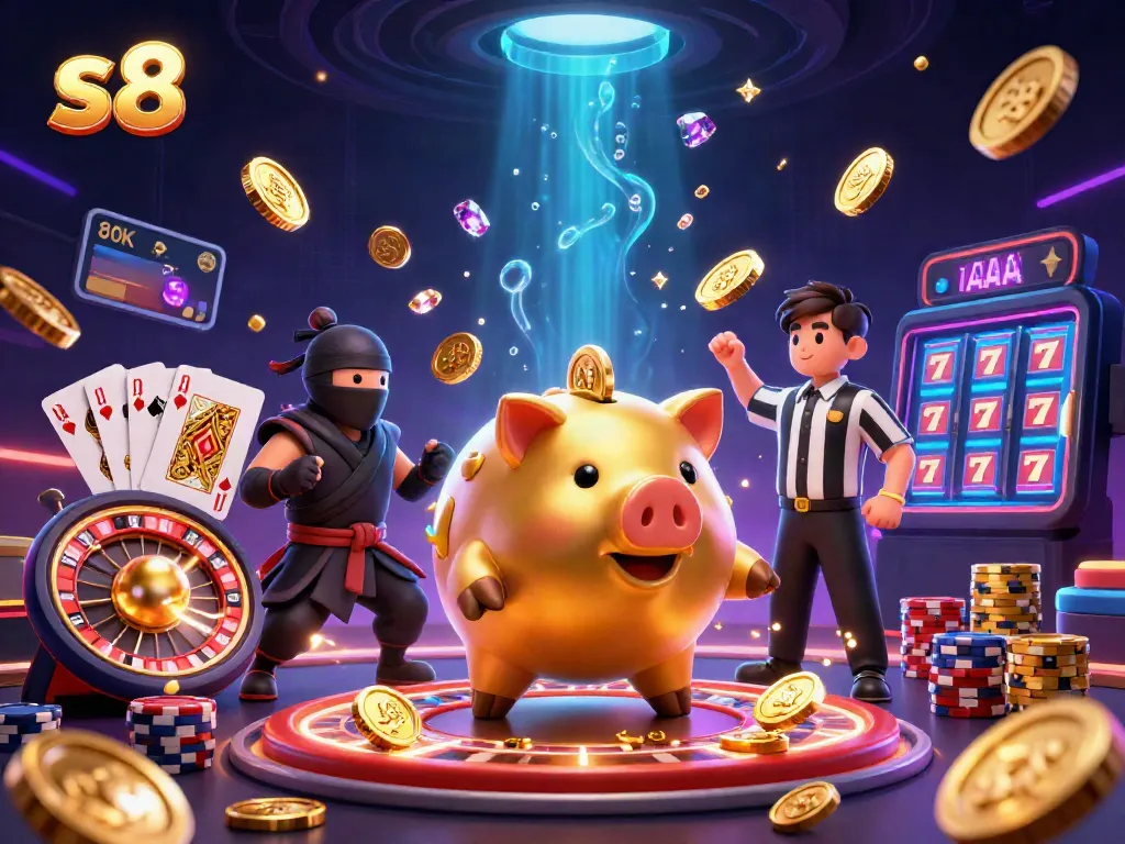 Engage in s8 casino adventures with our vibrant golden piggy bank sumo wrestler amidst dynamic gaming action!