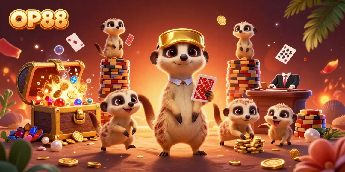 Experience the thrills of OP88 with meerkats running a vibrant casino operation in this dynamic illustration.