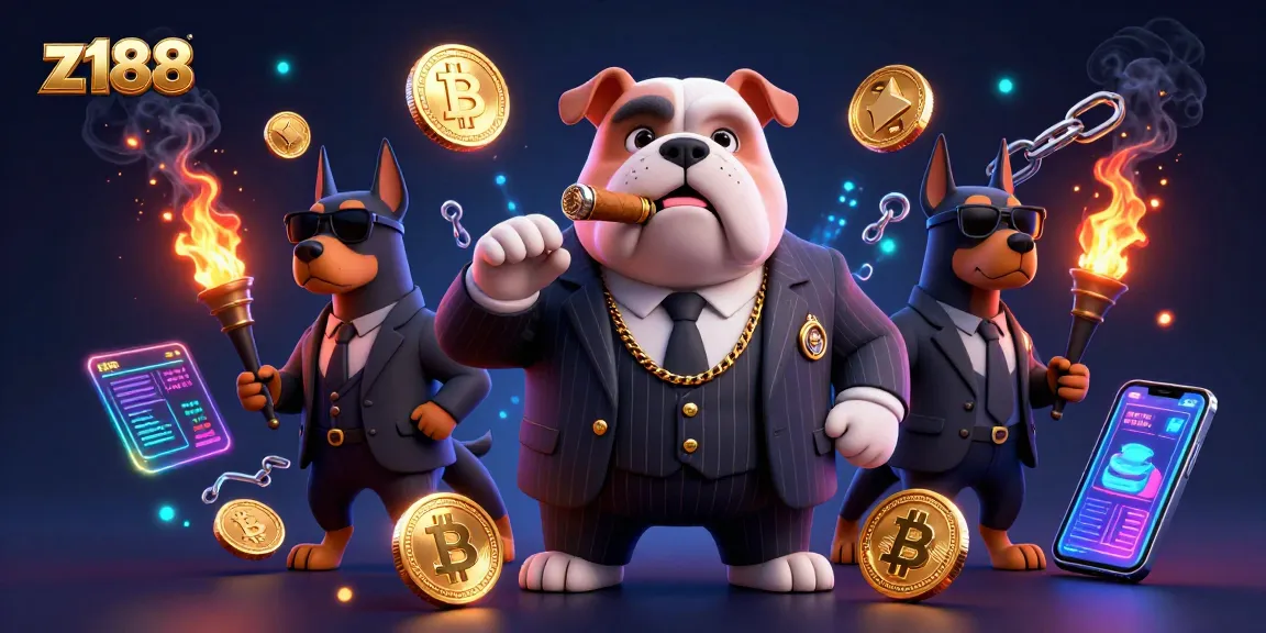 Engage with z188's exciting casino experience featuring a mafia bulldog and Doberman bodyguards amidst crypto elements.