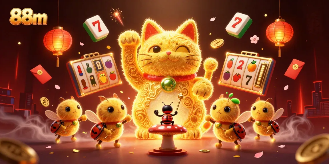 Engage with 88m's vibrant casino scene featuring a lucky cat and immersive gaming elements.