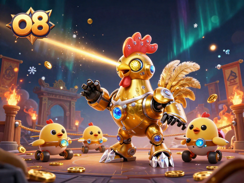 o8 players engage with a dynamic 3D golden rooster robot and baby chick drones amidst vibrant casino elements.