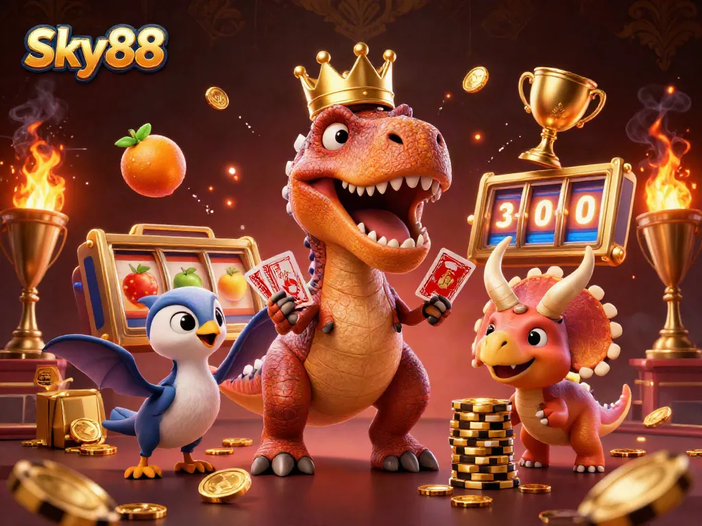 Sky88 showcases a lively casino scene with a T-Rex shuffling cards, surrounded by golden slot reels and vibrant elements.