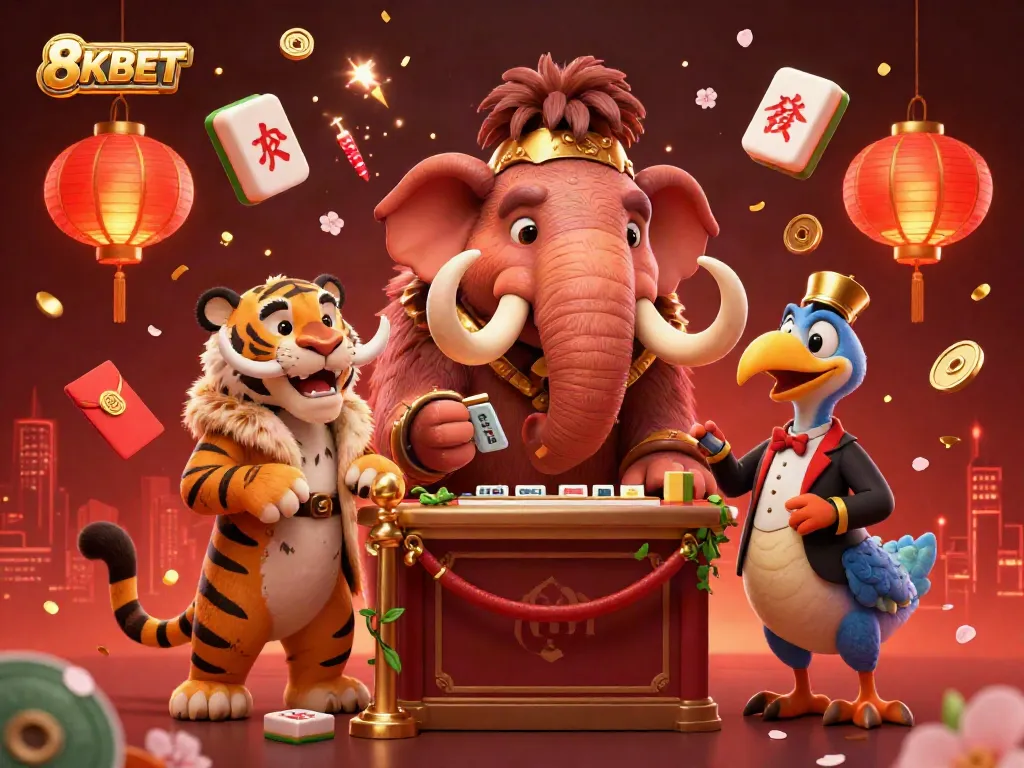 Experience thrilling moments at 8KBET with a cartoon mammoth checking IDs and festive decorations.