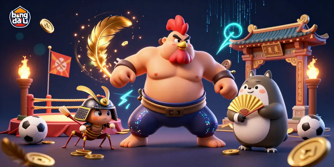 Betting on the bong da lu scene with sumo wrestler, cricket, and tanuki, showcasing dynamic sports elements.