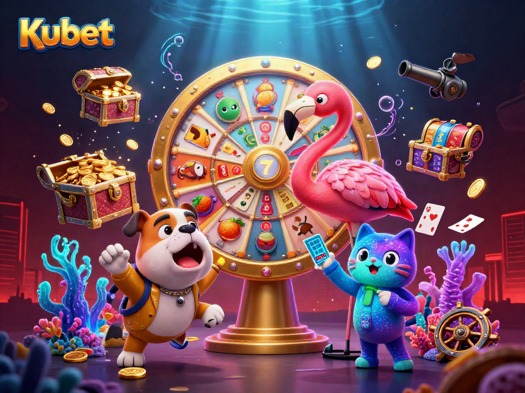 Engage with thrilling Kubet casino action featuring vibrant slot machines, characters, and prize elements.