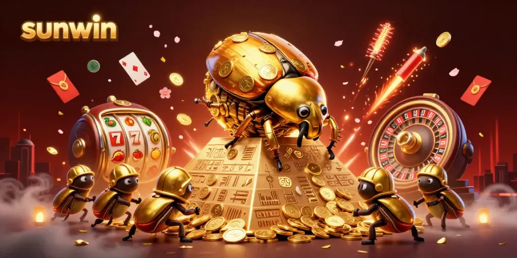 Experience the thrill of sunwin as a golden beetle rolls coins at a vibrant casino scene.