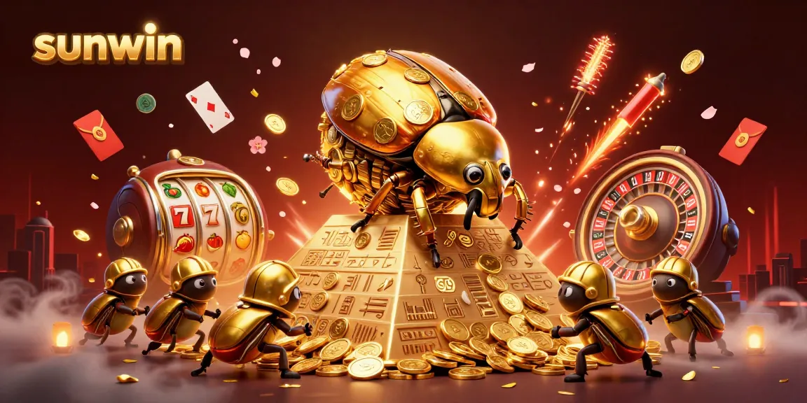 Experience the thrill of sunwin as a golden beetle rolls coins at a vibrant casino scene.