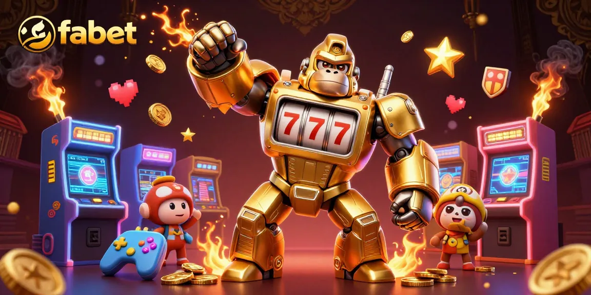 Experience fabet's thrilling world of slot games featuring a golden mech and vibrant arcade elements.
