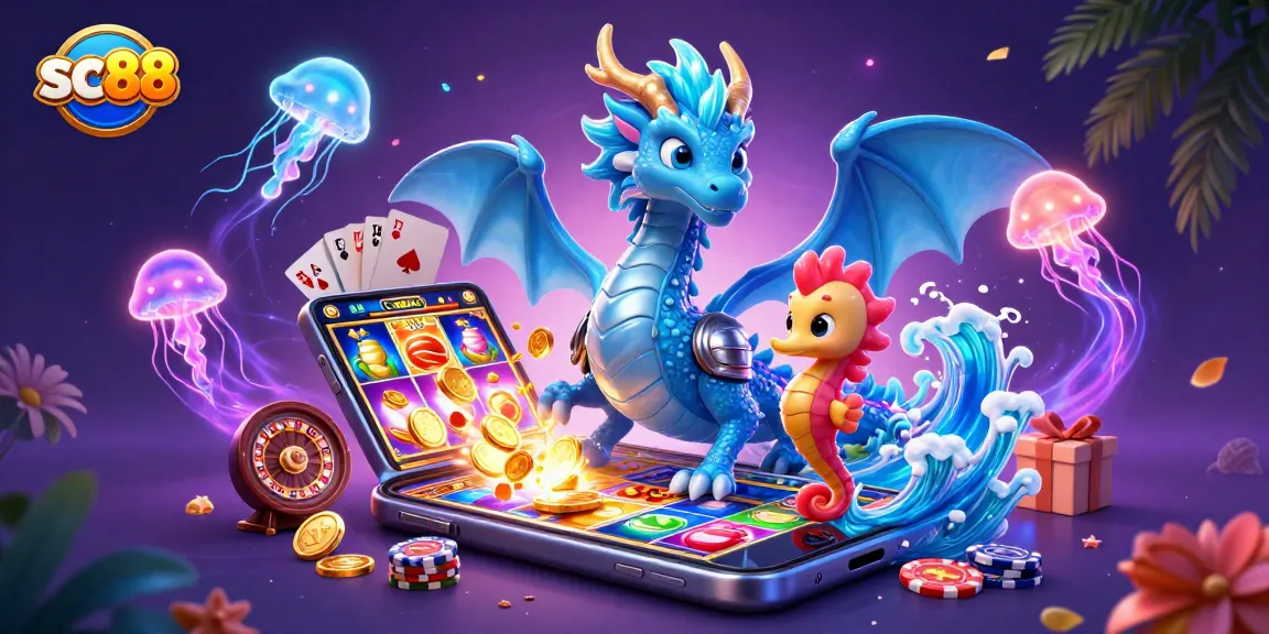 Play slots and win prizes with sc88 in this vibrant underwater casino scene featuring a dragon and seahorse.