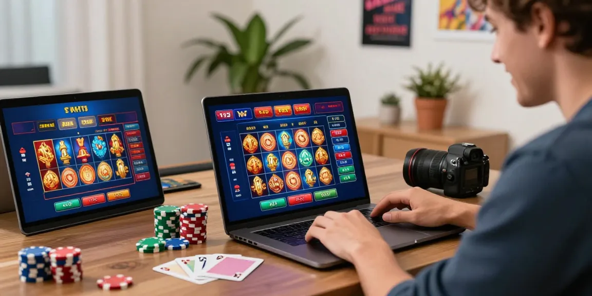 Engaging scene of a player using credit card casinos UK on a laptop amid vibrant game graphics and casino elements.
