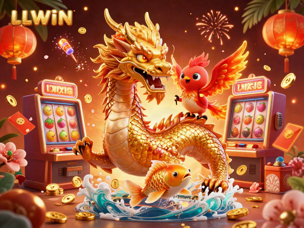 Experience the thrill of LLWIN with a dynamic scene featuring a golden dragon, phoenix, and koi amidst vibrant casino elements.