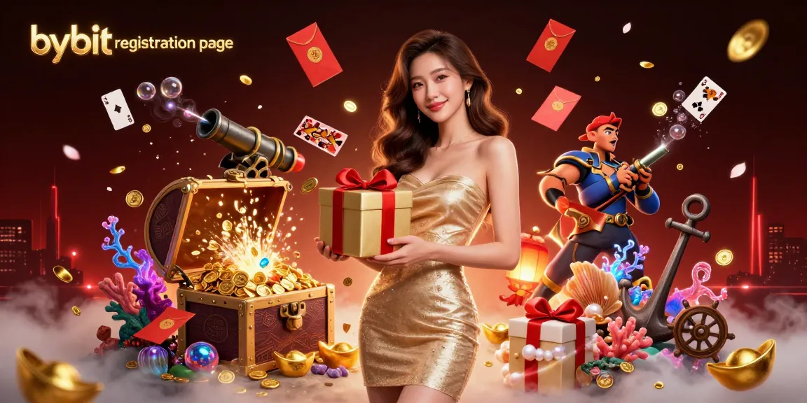 Engage with the bybit registration page while enjoying a festive casino illustration featuring vibrant characters and elements.