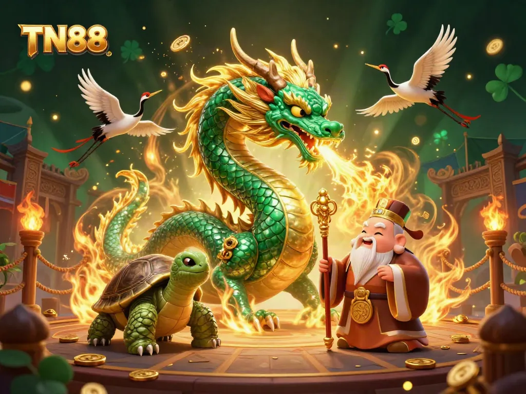 Experience the excitement of TN88 as the jade dragon ignites the casino scene with golden fire.
