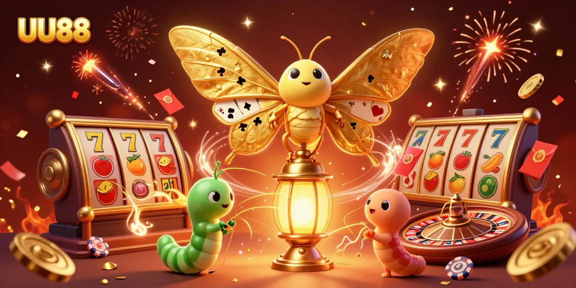 Experience the excitement of UU88 with golden moths and vibrant casino elements in a lively 3D scene.