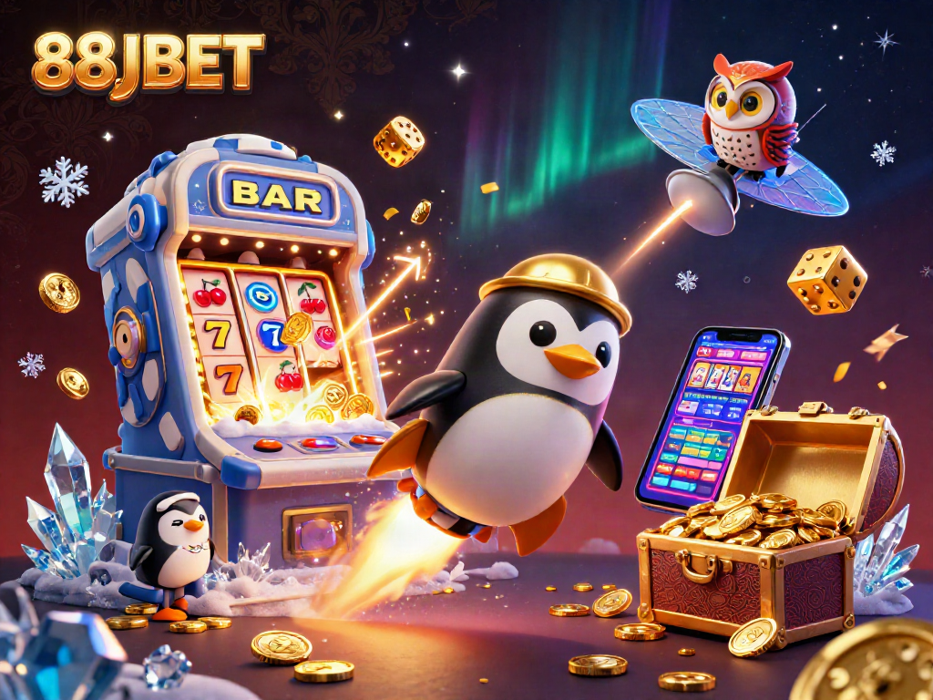 Experience the thrill of 88JBET with a golden penguin and casino-themed elements in this vibrant 3D illustration.