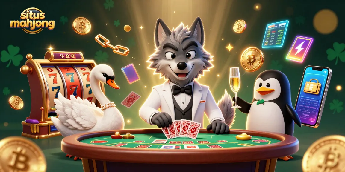 Engage in situs mahjong action with a vibrant casino scene featuring winning slots and elegant characters.