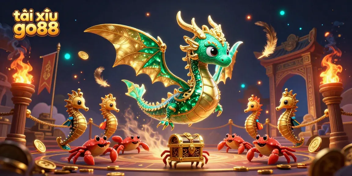 Tài xỉu go88 showcases an emerald sea dragon amidst a vibrant casino scene filled with betting tokens and treasures.