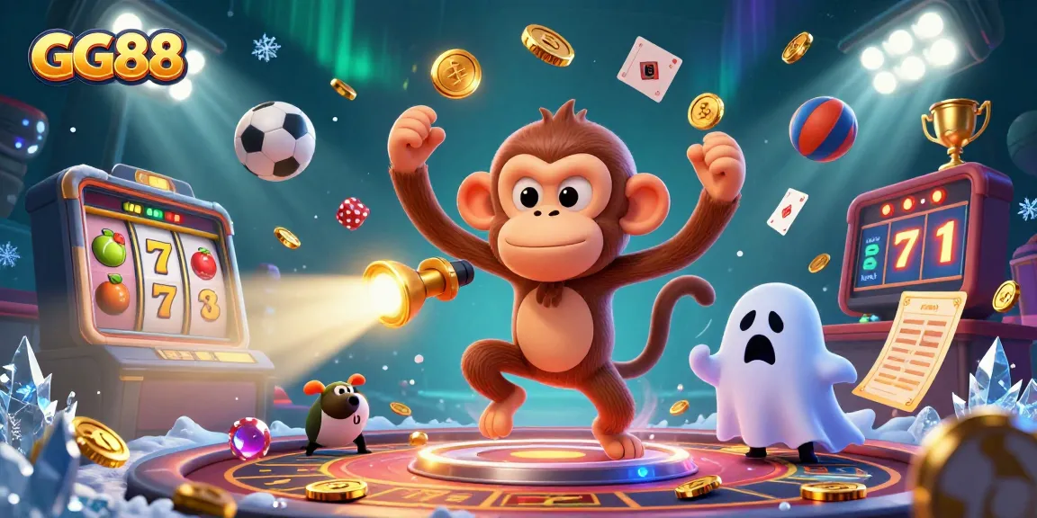 Engage with GG88 as the playful poltergeist monkey juggles casino treasures in a haunted scene.