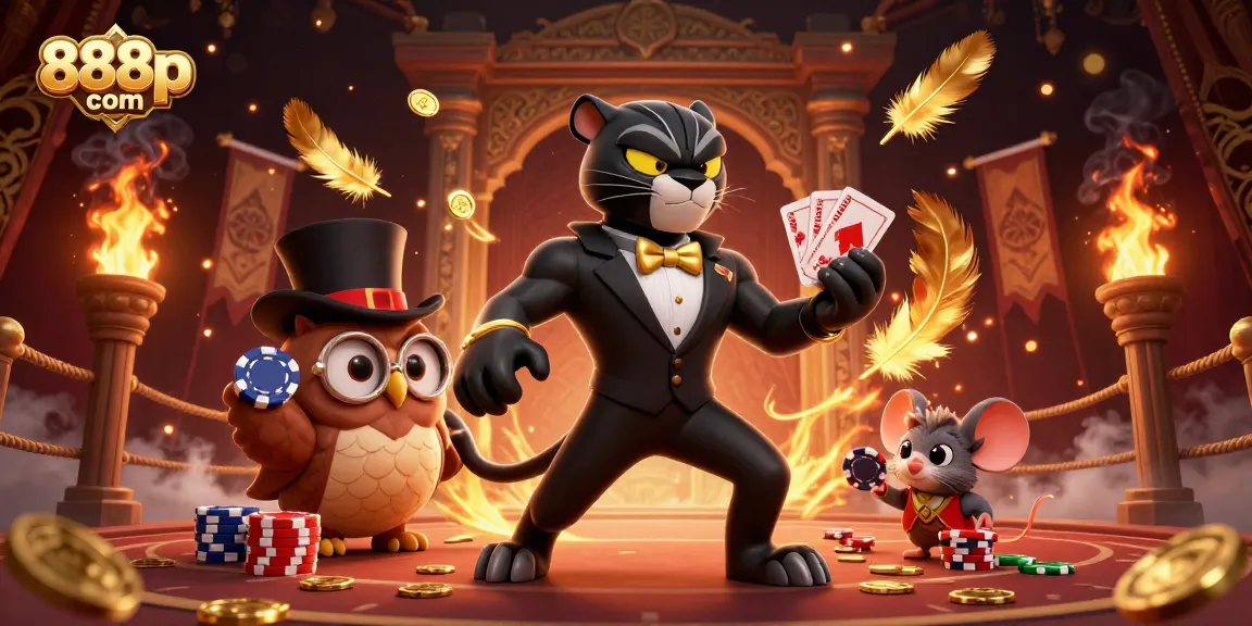 Playing cards with 888p com in a dynamic 3D casino scene featuring a black panther and friends.
