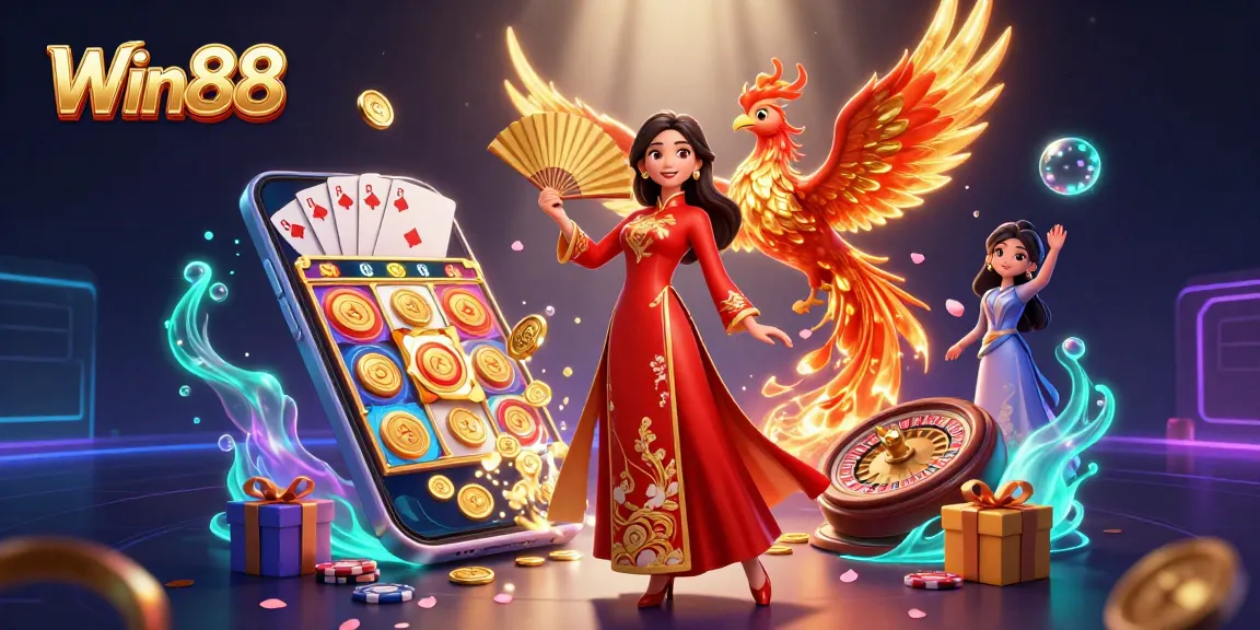Experience thrilling slots with Win88 through captivating visuals of a Vietnamese ao dai and a phoenix.