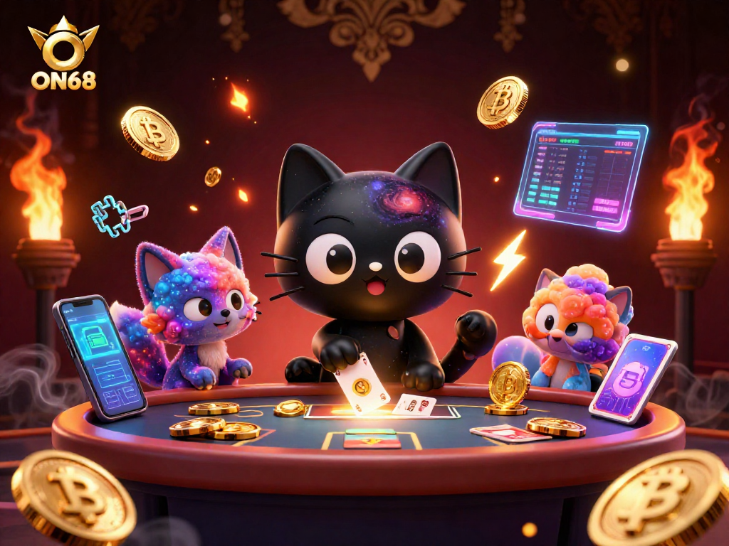 Engage in thrilling gameplay at ON68 with a cosmic cat and galaxy backdrop.