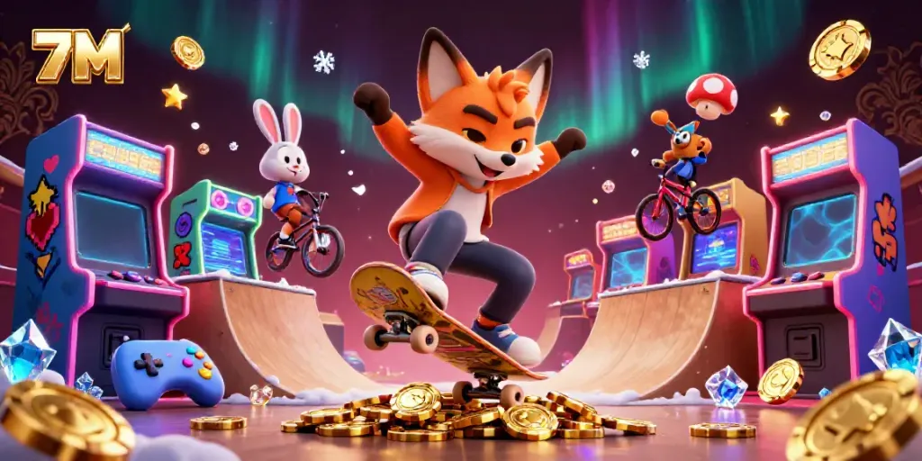 Experience thrilling gameplay with 7M as a cartoon fox skateboards over golden poker chips in a vibrant casino scene.